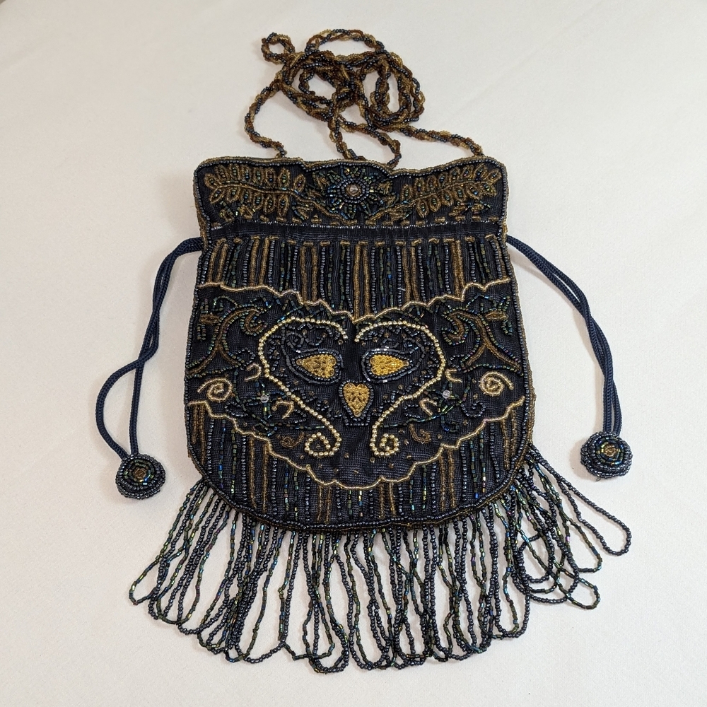 Navy Gold Hand Beaded Drawstring Purse Beaded Fringe Strap Crossbody Boho Dressy